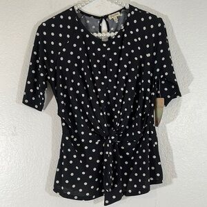 Lily White Black & White Polka Dot Top Blouse Front Knot Peplum Size Medium New